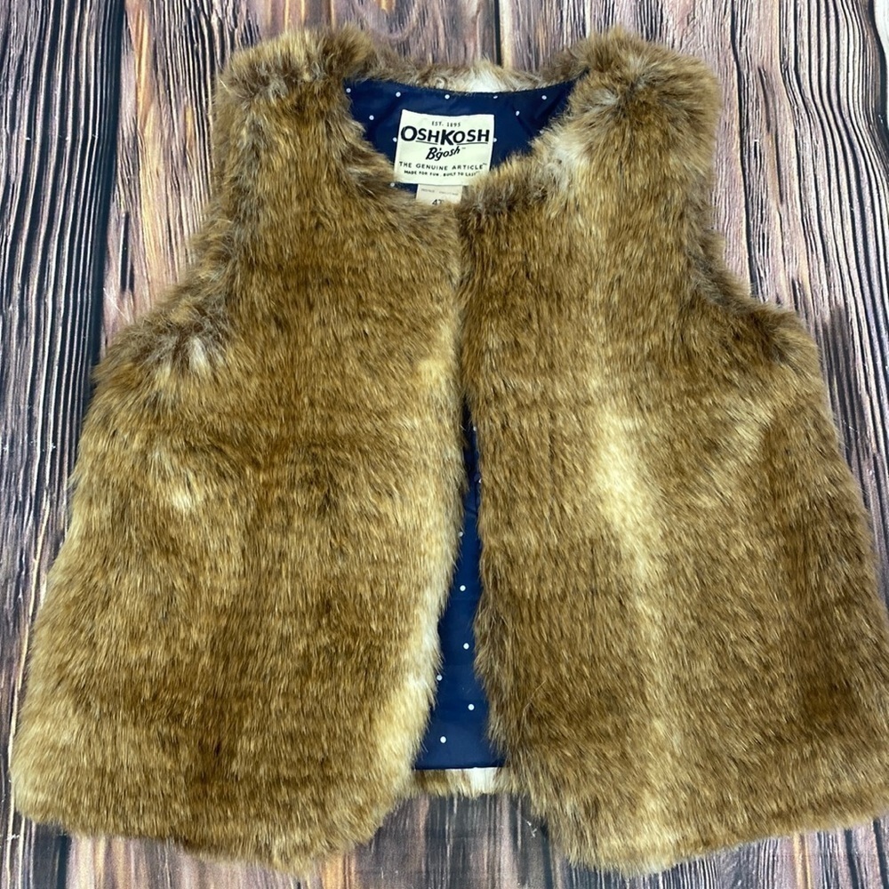 Kids Oshkosh Faux Rabbit Fur Vest With Navy Lining & White Polka Dots - size 4T